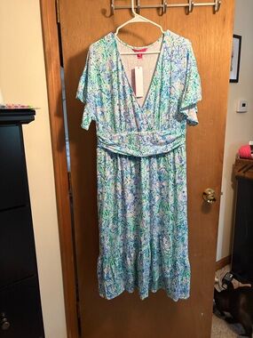 Lilly Pulitzer Blue & Green Printed Wrap-Style Midi Dress